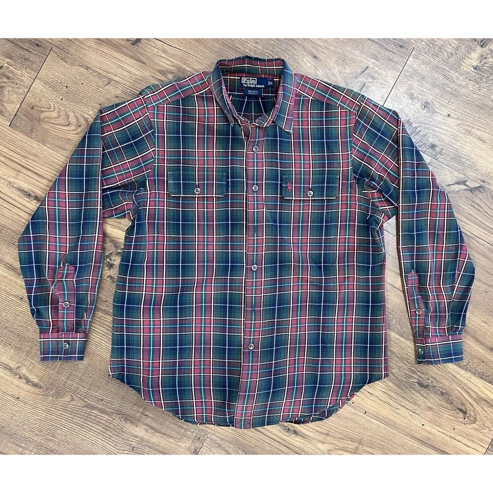 Vintage Ralph Lauren Button Down Shirt Mens Large Multicolor Plaid, 1990s, Pony
